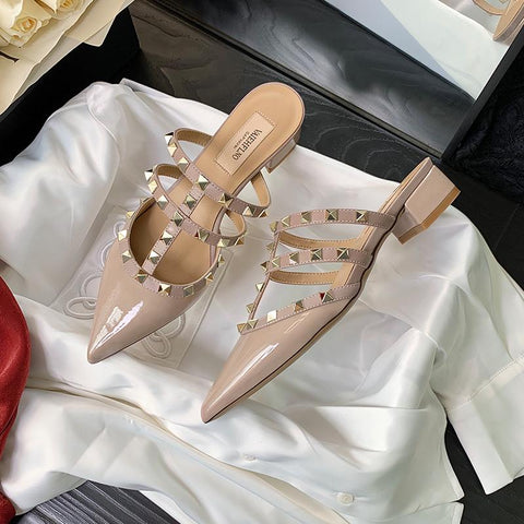 Pointed Thick heel Slippers Rivets Sexy Woman Pointed Toe Dress-BS00810-Veeddydropshipping