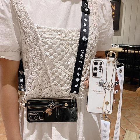 Luxury Plating Maple Wrist Strap Phone Holder Case for Samsung S21 FE-PA00225-Veeddydropshipping