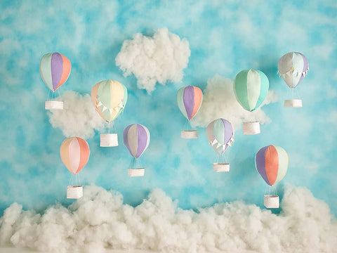 Birthday Backdrop Blue Sky White Clouds Hot Air Balloons Stars Kids-CE00419-Veeddydropshipping