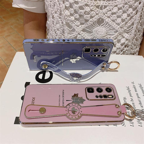 Luxury Plating Maple Wrist Strap Phone Holder Case for Samsung S21 FE-PA00225-Veeddydropshipping