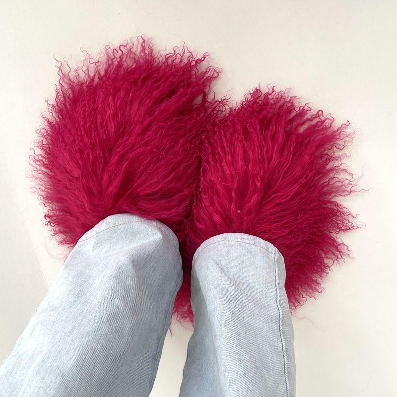 Mongolian Shoes  Luxury Real Sheep Fur Slides Slippers-BS01273-Veeddydropshipping
