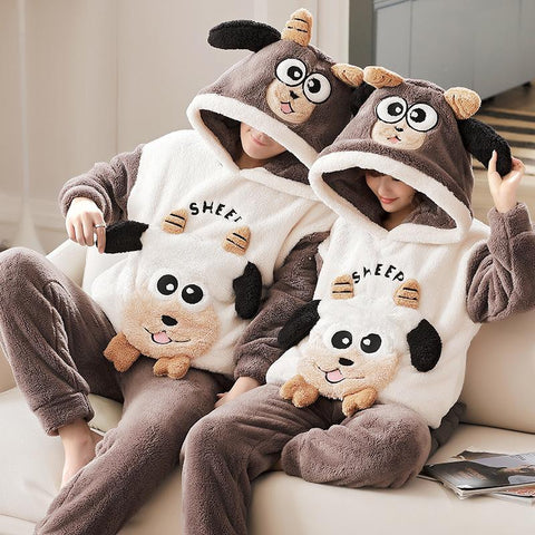 Thicken Warm Pajamas Set For Couple Winter Animal Ears Hoodie Women-MF01583-Veeddydropshipping