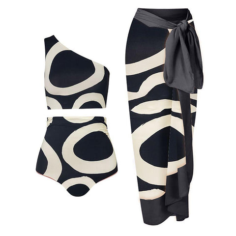 Colorblock Round Print Swimsuit Suit Sexy One Shoulder High Waist Cut Two Piece -OS00016-Veeddydropshipping