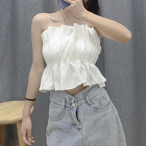Women Sexy Solid Cropped Tank Top Vintage Backless Pleated-Veeddydropshipping