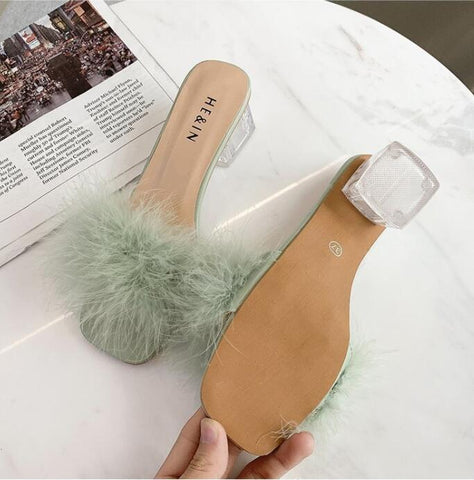 Heels Woman Feather Fur Slippers Pumps Women Cute-BS01232-Veeddydropshipping