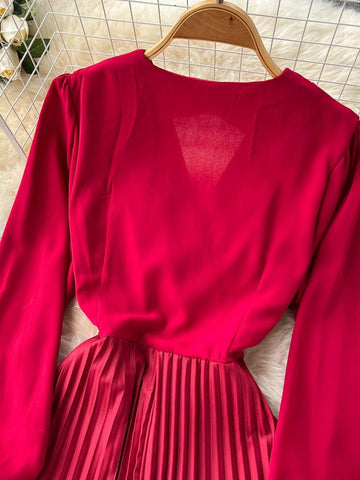 Gradient Pleated Dress for Women V Neck Long Sleeve-Veeddydropshipping