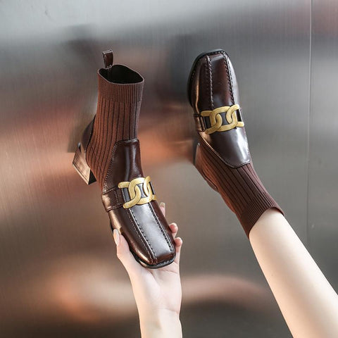 Square Toe Low Heel Ladies Ankle Boots Solid Color Sewing-BS00933-Veeddydropshipping