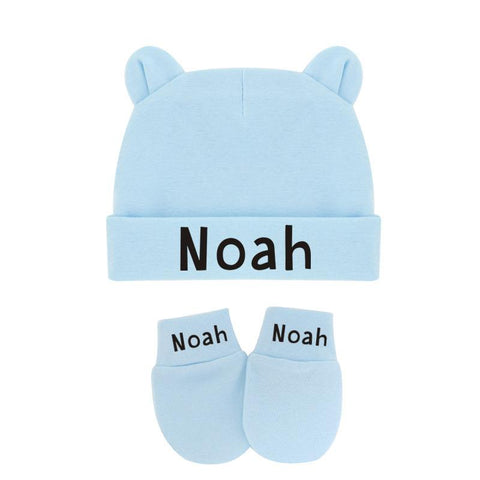 Custom Name Newborn Baby Cotton Beanies Hospital Hat and Mittens Set Solid Candy-TB00443-Veeddydropshipping