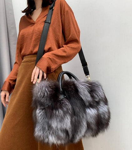 Silver Fox Fur Handbags Genuine Cowhide Hard Handle Big Handbag Full-pelt-BS00056-Veeddydropshipping
