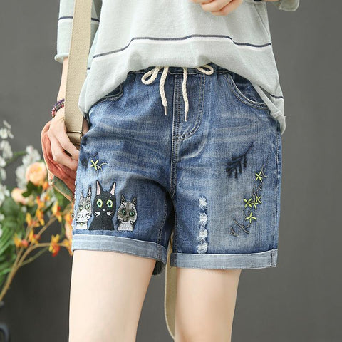 Elastic Waist Denim Shorts Women pants-WF00524-Veeddydropshipping