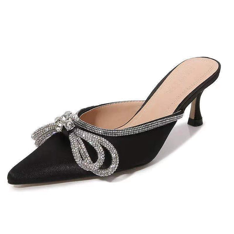 Rhinestone Baotou Shallow Mouth Slippers Middle Heel-BS01001-Veeddydropshipping