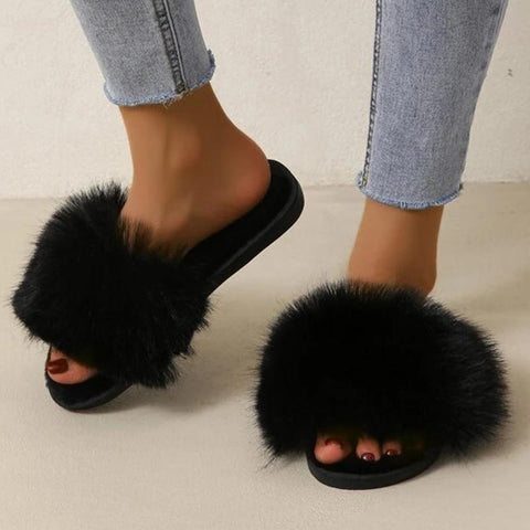 Winter Simple Word Fur Flats Soft Home Women Slippers Faux Fur-BS01121-Veeddydropshipping