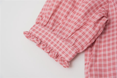 Retro Plaid Single-breasted Shirt Puff Sleeve Ruffled Round Neck-WF00288-Veeddydropshipping