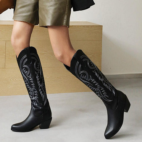 Female Western mid calf Boots Chunky Heels Slip On Autumn Winter-BS00941-Veeddydropshipping