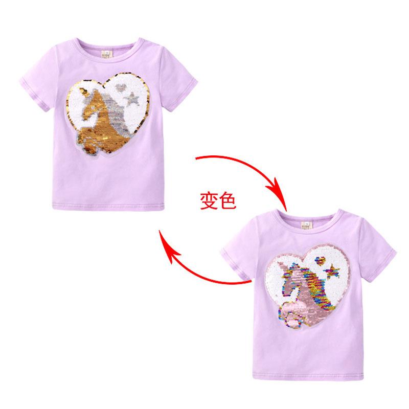 Girls Summer T-Shirt Kids Unicorn Pattern Discoloration Tops Tees-Veeddydropshipping