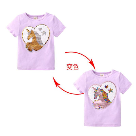 Girls Summer T-Shirt Kids Unicorn Pattern Discoloration Tops Tees-Veeddydropshipping