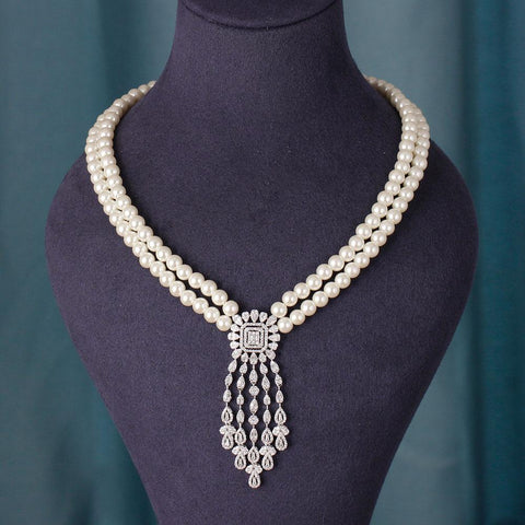 New Trendy Double Row Pearl Tassel Earring Jewelry Set  -JW00390-Veeddydropshipping