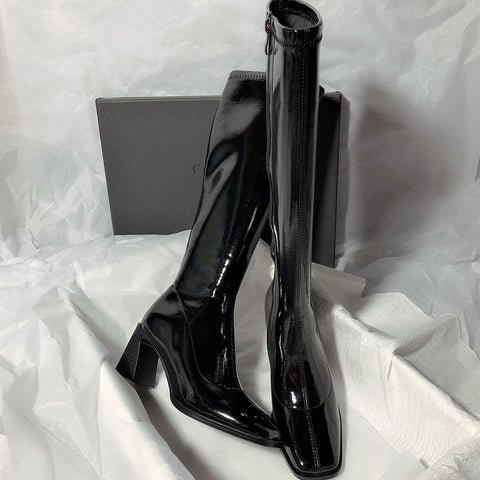 Quality Leather Patent Leather Ladies Zip Knight Boots-BS00934-Veeddydropshipping