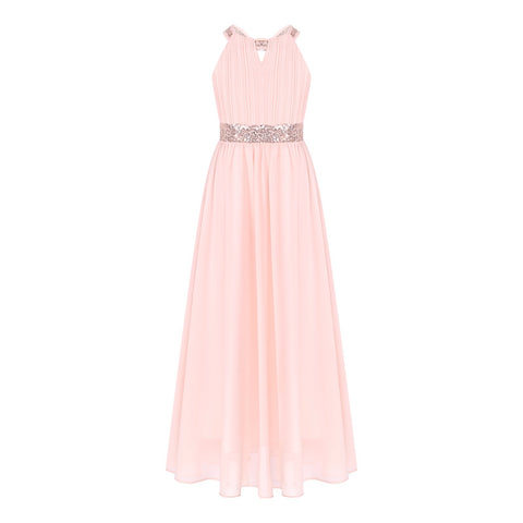 Kids Girls Shiny Sequin Chiffon Dress Sleeveless Cut-out Floor Length Party-TB00851-Veeddydropshipping