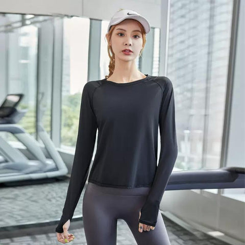Women Athletic Sports Shirts Long Sleeve Mesh Spliced Workout Clothes Thumb -OS00819-Veeddydropshipping