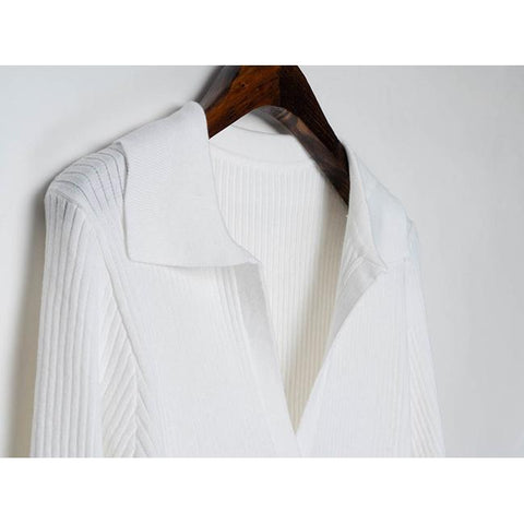 Cotton Knit Polo Sweater Women Long Sleeve V Neck-WF00100-Veeddydropshipping