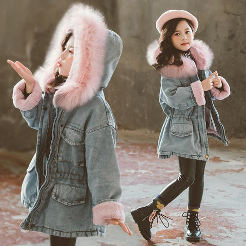 Girls Winter Denim Jackets fur Collar Outerwear-Veeddydropshipping