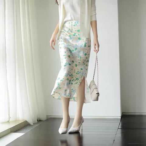 Women Print Satin Split Elegant Midi Skirt-WF00536-Veeddydropshipping