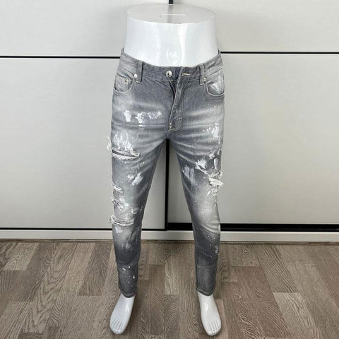 Gray Elastic Slim Fit Hole Ripped Jeans Men Stretch Trousers-MF00574-Veeddydropshipping