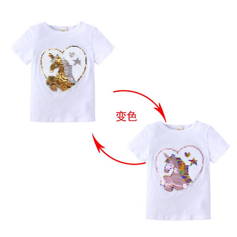 Girls Summer T-Shirt Kids Unicorn Pattern Discoloration Tops Tees-Veeddydropshipping