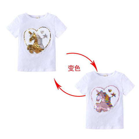 Girls Summer T-Shirt Kids Unicorn Pattern Discoloration Tops Tees-Veeddydropshipping
