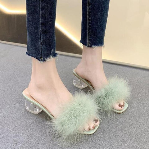 Heels Woman Feather Fur Slippers Pumps Women Cute-BS01232-Veeddydropshipping