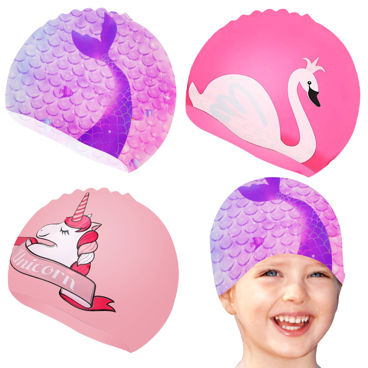 Cute Girl Swimming Cap For Children Kids Waterproof Elastic Silicone Swim -OS00150-Veeddydropshipping