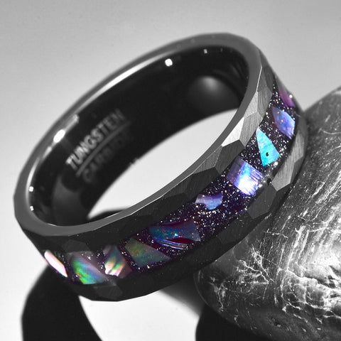 Starry Sky Abalone Edge Hammered Black Tungsten Carbide Ring  -JW00404-Veeddydropshipping