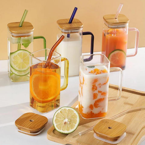 Square Glass Cup With Bamboo Lid and Straw-HA01286-Veeddydropshipping