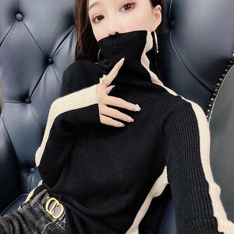 Fashion Turtleneck Knitting Spliced All-match Sweater-WF00102-Veeddydropshipping