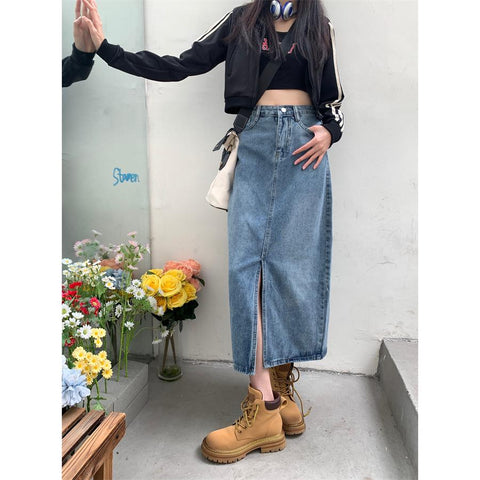 Vintage High Waist Slit Denim Skirt Women-WF00405-Veeddydropshipping
