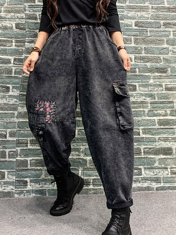 Women Gothic Style Pants Print Button Trousers Elastic Waist-WF00492-Veeddydropshipping