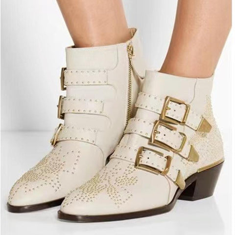 Round Toe Rivet Flower Short Boots Cowhide Thick Heel Low New-BS00985-Veeddydropshipping