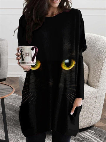 Long Hoodless Sweatshirt 3D Printing Black Cat Pattern-WF00255-Veeddydropshipping