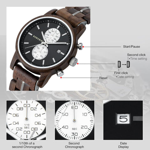 Watch Men Quartz Watches Engraved Wooden Chronograph Wristwatch-JW00766-Veeddydropshipping