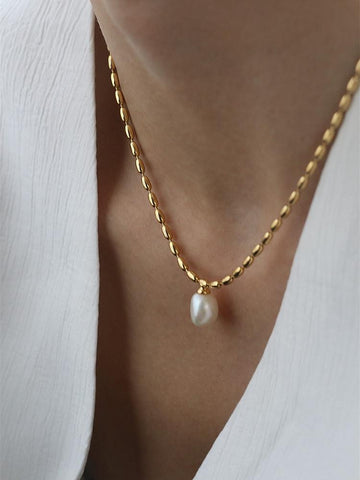 18K Gold Beads Chian Real Pearl Choker Necklace Designer-JW00150-Veeddydropshipping