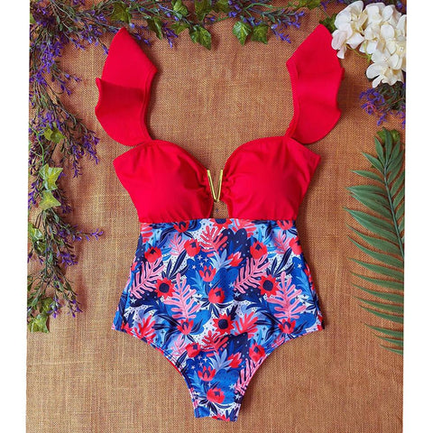 Sexy One Shoulder Ruffle One Piece Swimsuit Print Floral Swimwear Women -OS00080-Veeddydropshipping