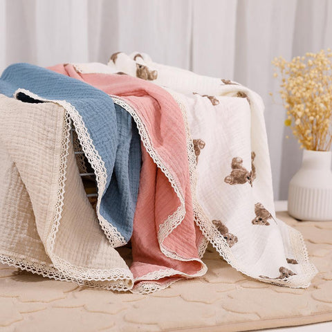Double Layer Muslin Squares Cotton Baby Blankets Lace Newborn Blanket-TB00701-Veeddydropshipping