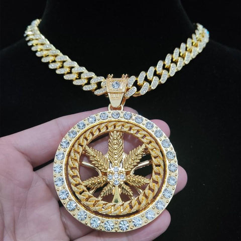 Men Hip hop Iced out Bling Rotatable Maple Leaf Pendant Necklace  -JW00270-Veeddydropshipping