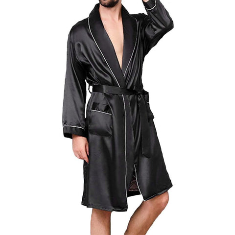 with Belt Adults Contrast Color Long Sleeve V-neck Night Robe with-MF01663-Veeddydropshipping
