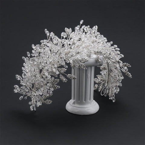 white crystal handmade beaded rhinestone bridal crown  -JW00465-Veeddydropshipping