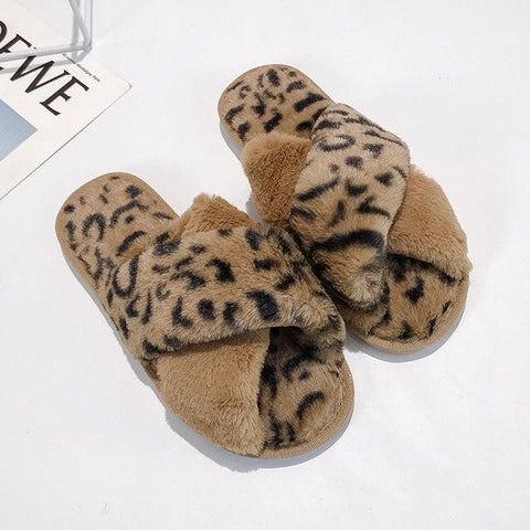 Leopard Print Faux Fur Fashion Warm Shoes Woman Slip on Flats-BS01129-Veeddydropshipping