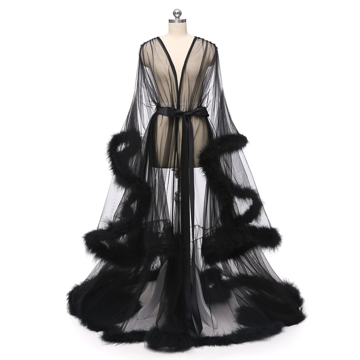 Long Sleeve Feather Tulle Party Evening Dresses-WF01595-Veeddydropshipping