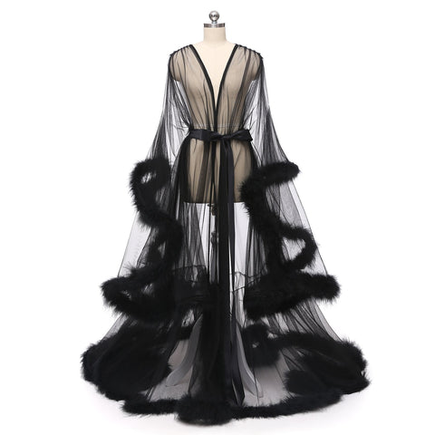 Long Sleeve Feather Tulle Party Evening Dresses-WF01595-Veeddydropshipping