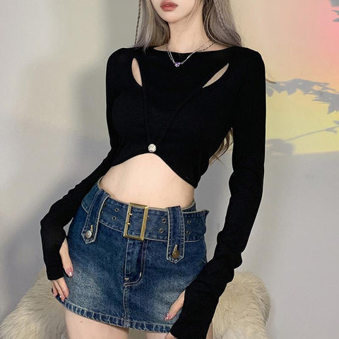 Slim Fit Navel Street Fashion Round Neck Long-sleeved T-shirt-Veeddydropshipping